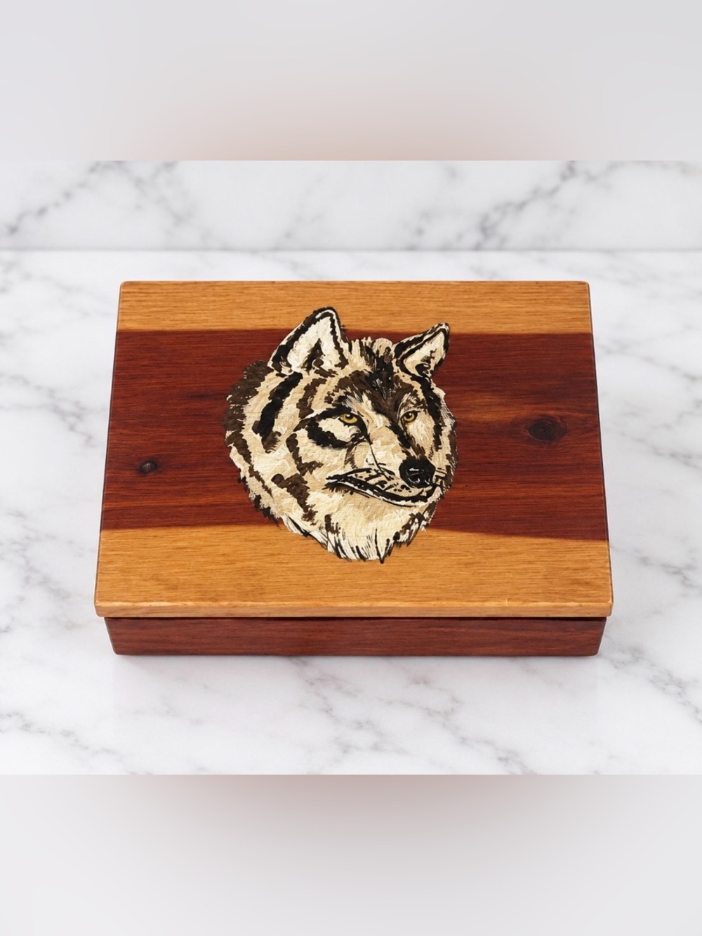 Wooden Wolf Accent Box in Natural and Brown
